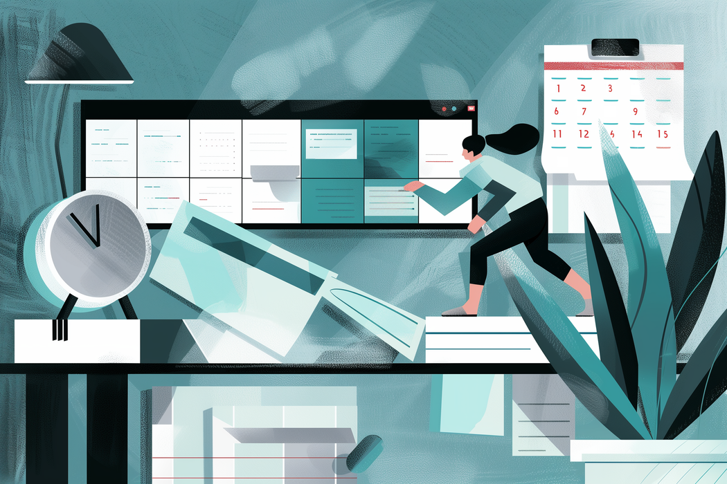 En person løper over en kaotisk skrivebordsoverflate med papirer spredt rundt for å rekke fristen for skattemeldingen. Illustrasjon.