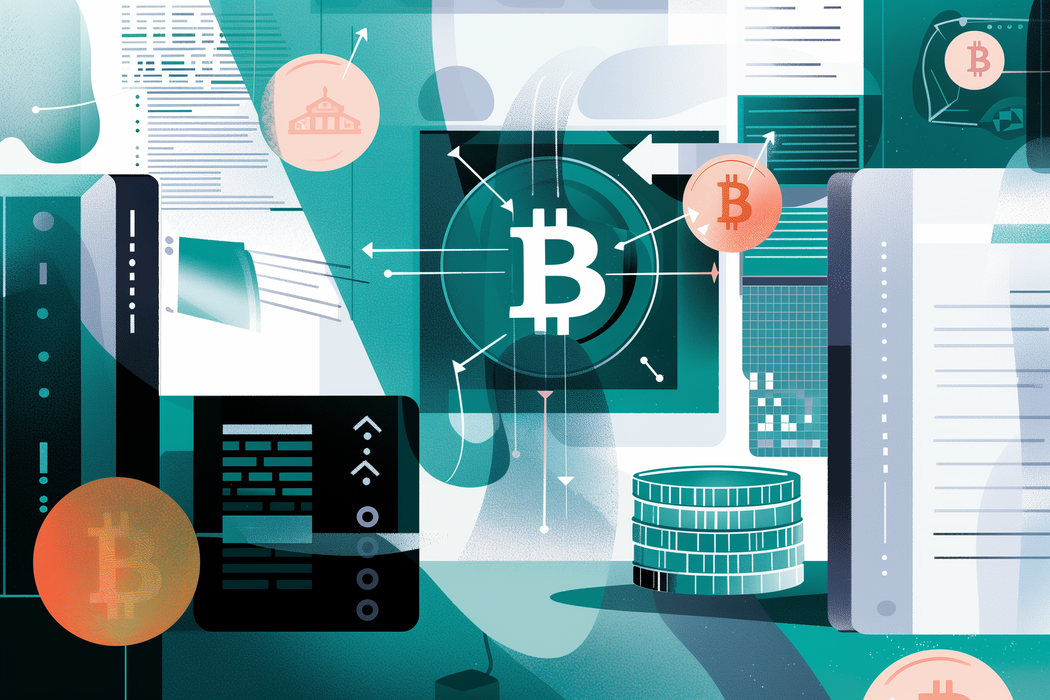 Vektorillustrasjon som viser Bitcoin-symboler og datasystemer, relatert til juridisk veiledning om skatt på kryptovaluta. Illustrasjon.