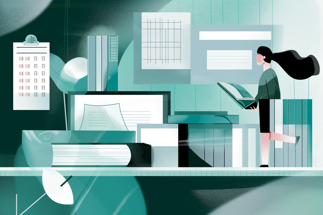 Menneske med langt svart hår som holder en bok, omgitt av kontormateriell og dokumenter. Illustrasjon.